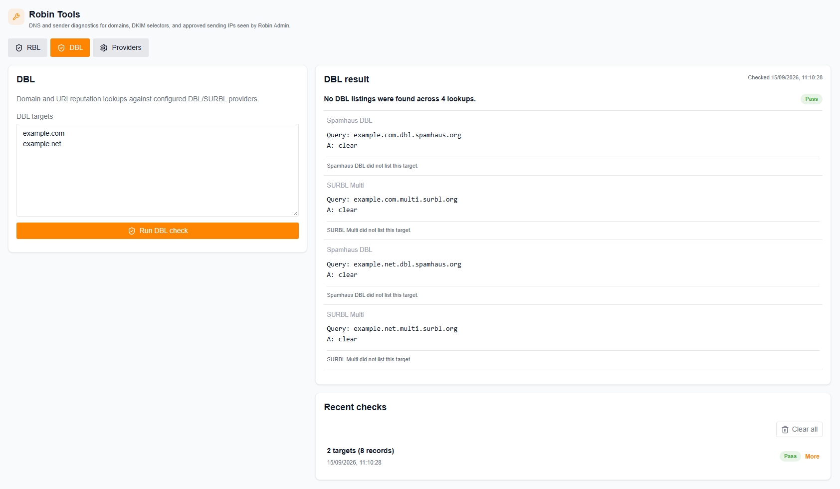 Robin Tools DBL lookup with individual provider responses and a recent check history
