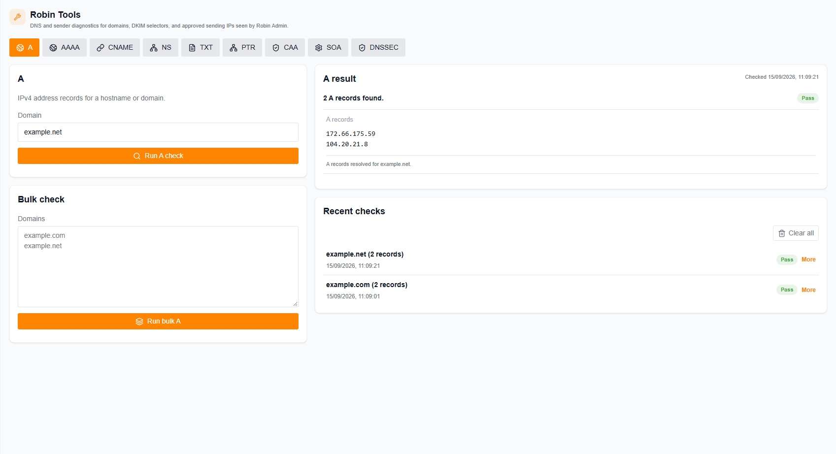 Robin Tools A record lookup showing returned addresses and recent checks