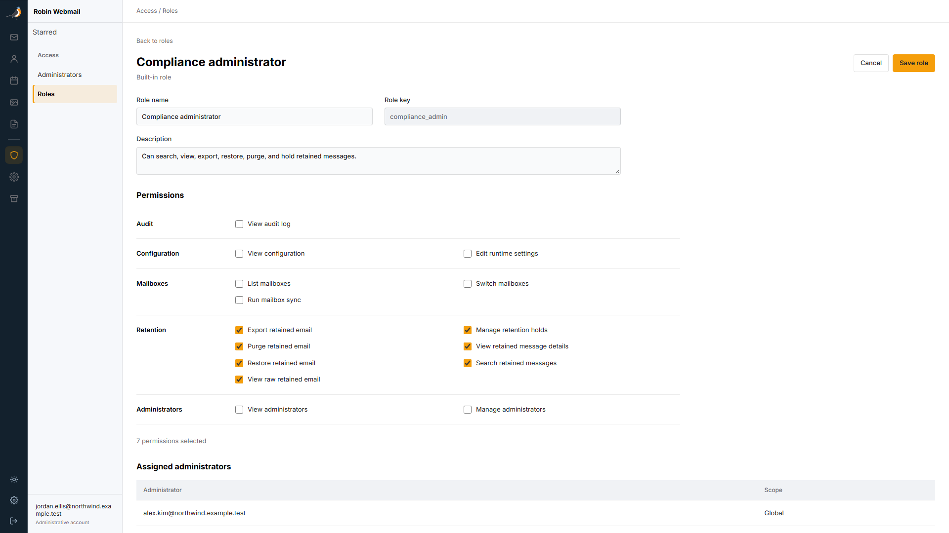 Webmail administrator role editor with granular permissions and a fictional assigned administrator
