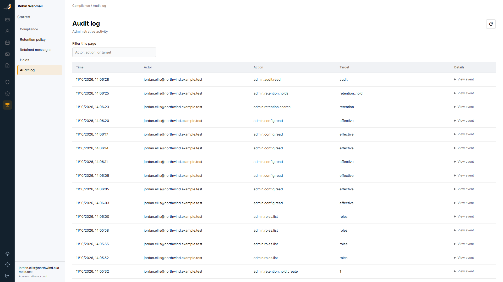 Audit log recording actual demo administrator actions against configuration, roles, and hold records