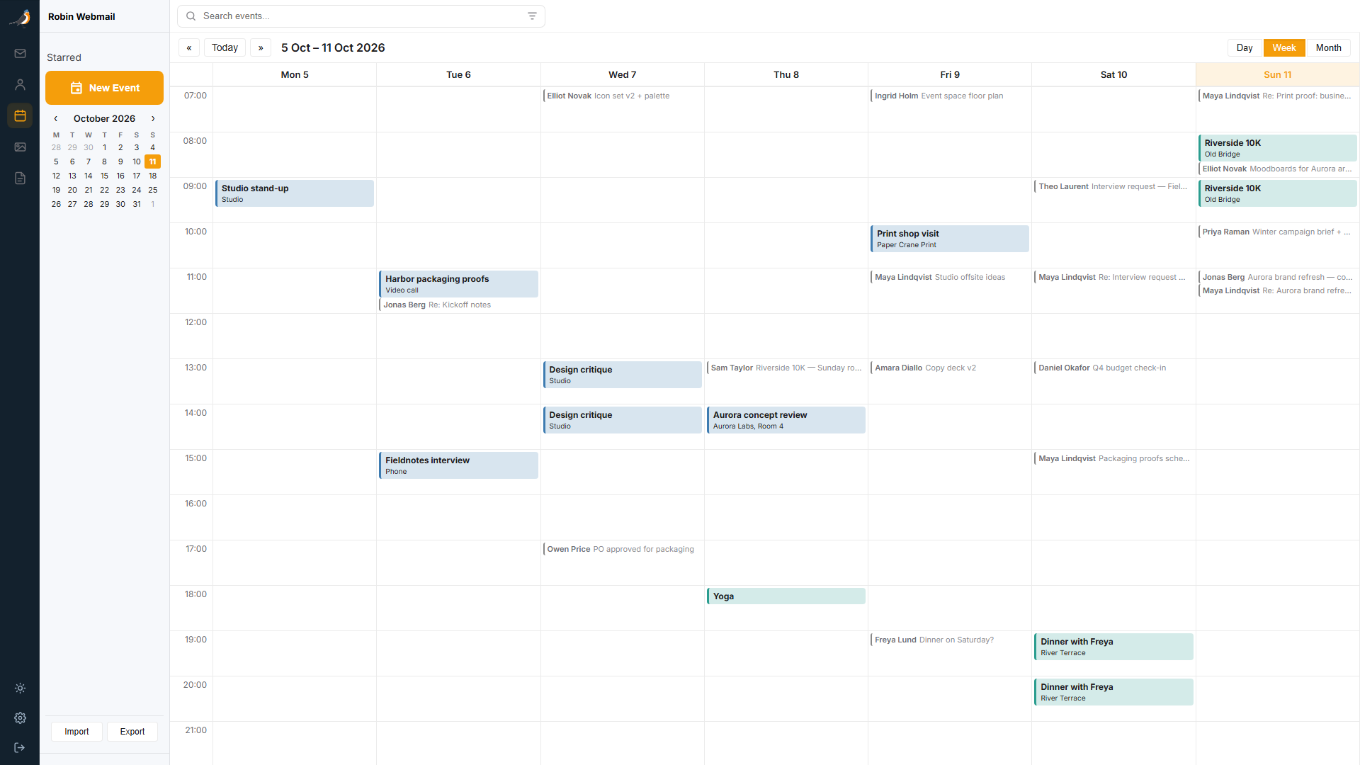 Weekly calendar with fictional work and personal appointments and email activity