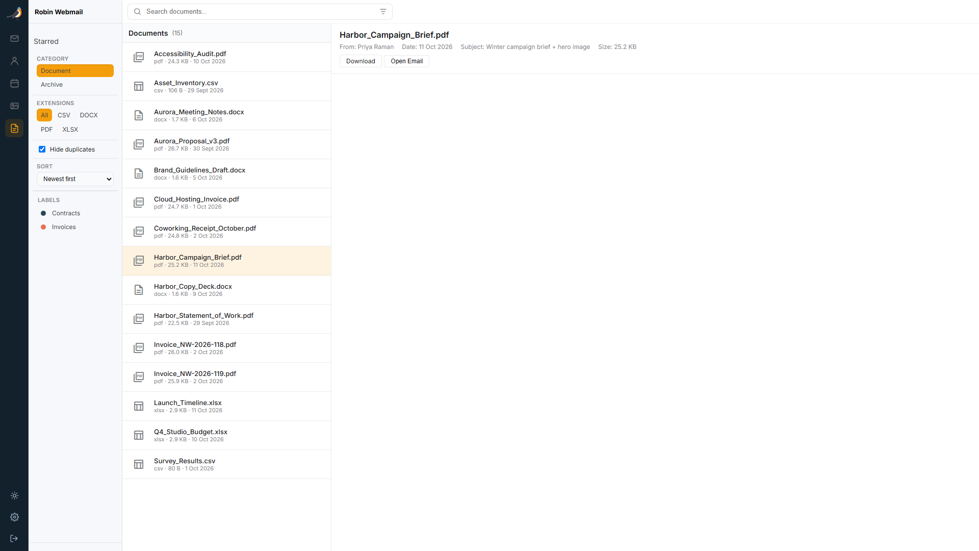 Document attachment list with fictional PDFs, spreadsheets, and notes, plus file metadata