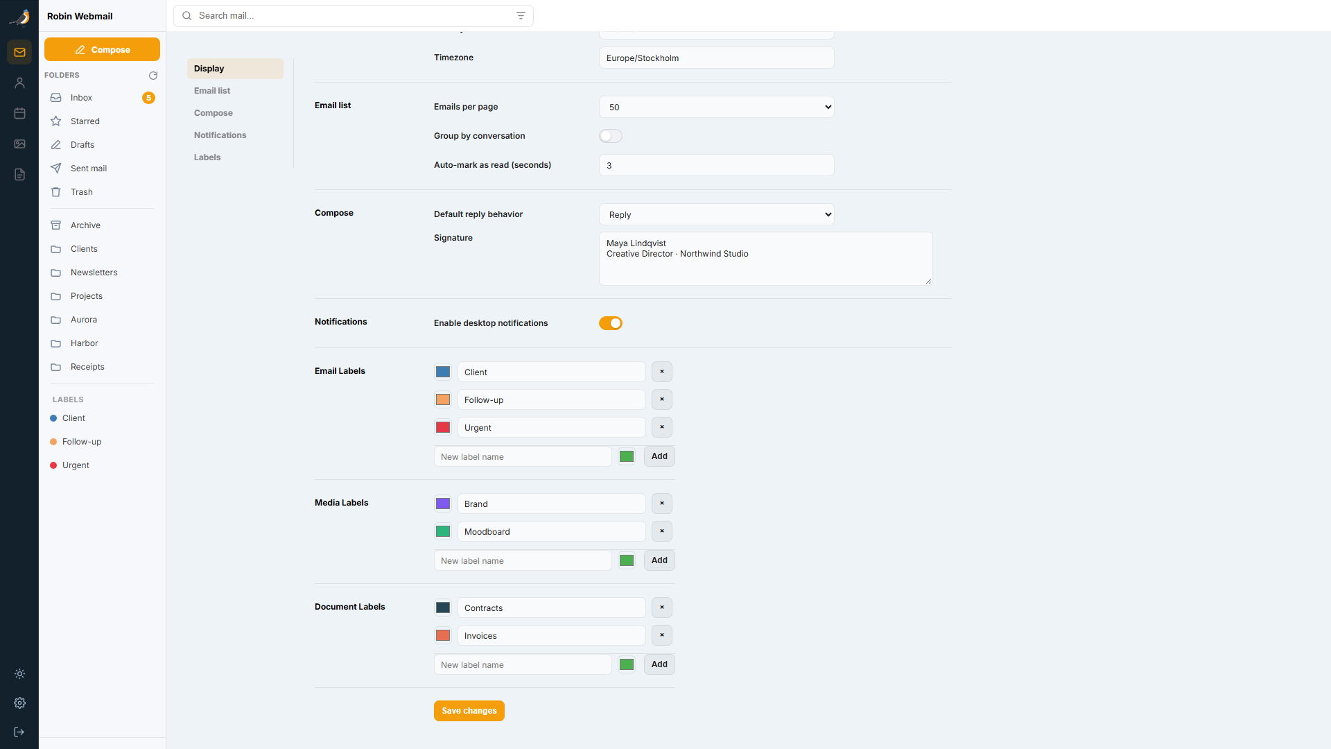 Separate email, media, and document label settings with names and colors