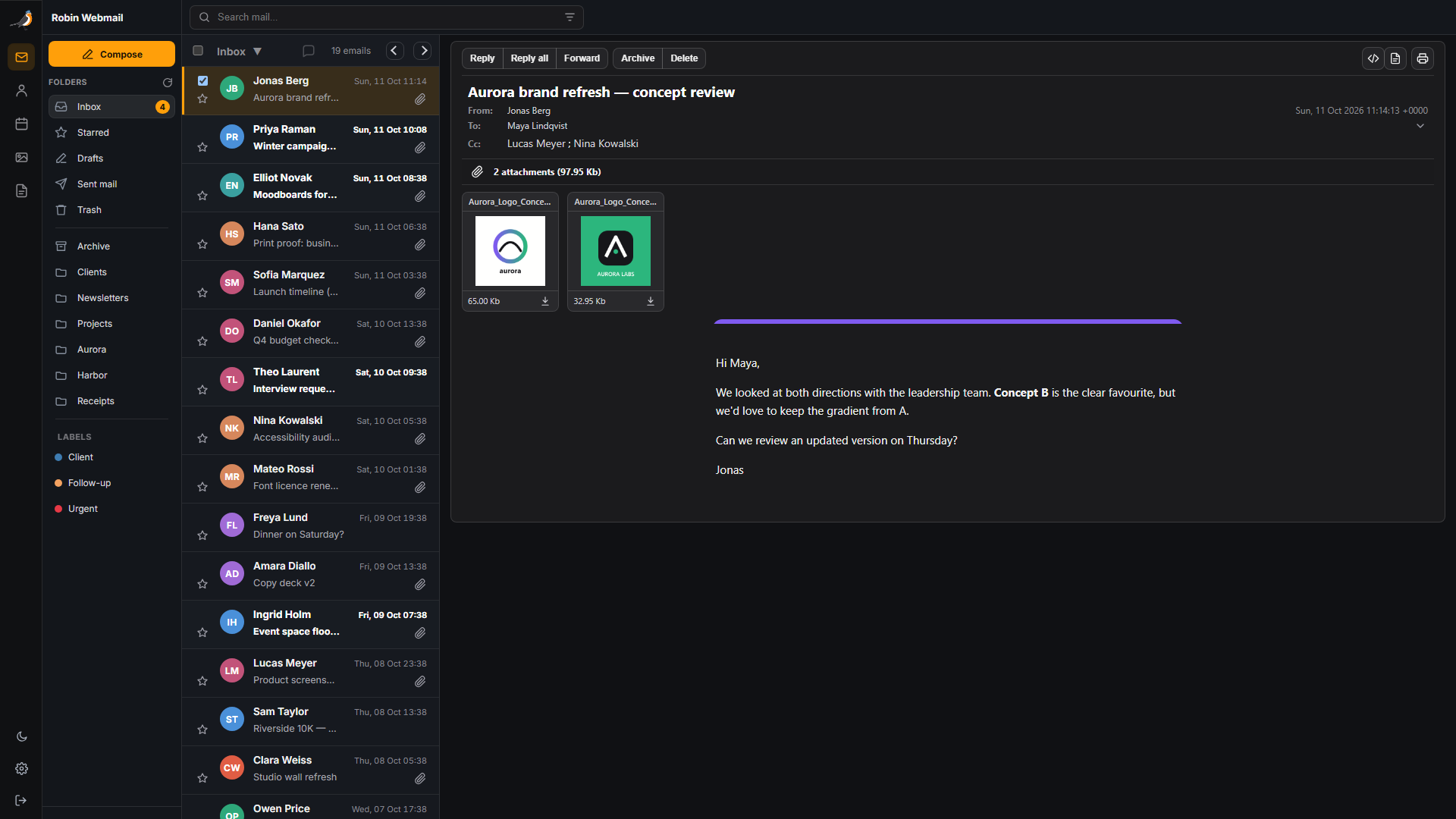 Dark Webmail mailbox with a fictional project email, reply controls, and image attachments