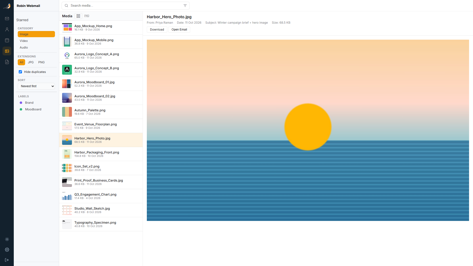 Image attachment browser with a generated sunset illustration, filters, and download controls