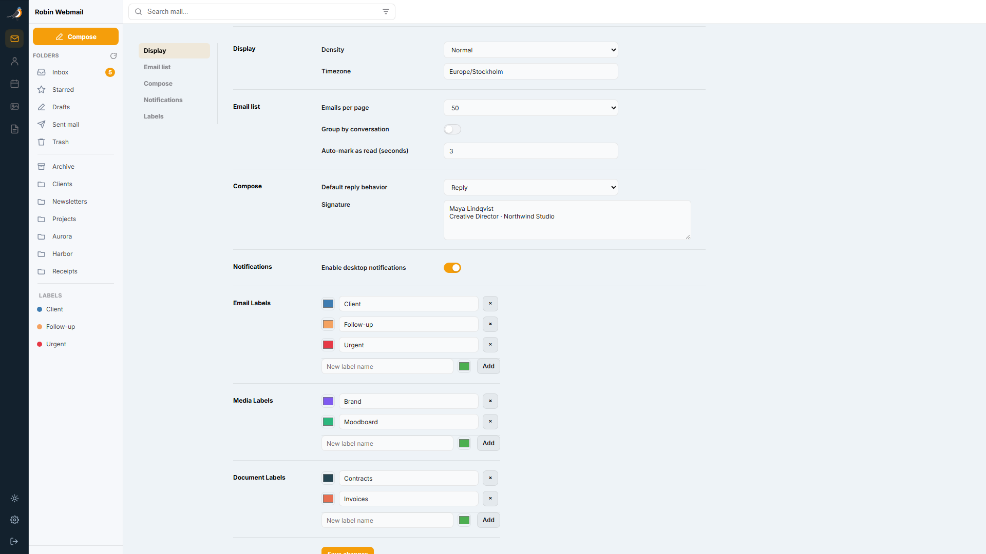 Regular-user display, timezone, email list, reply behavior, signature, and notification preferences