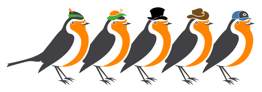 Five robins in a row, each wearing a different hat